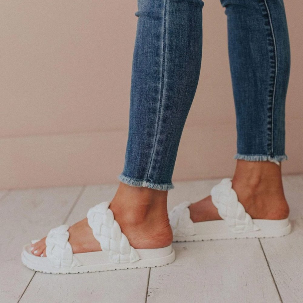 NEW White Braided Double Straps Slip On Platform Slides Slipper Sandals Shoes - Picture 6 of 16